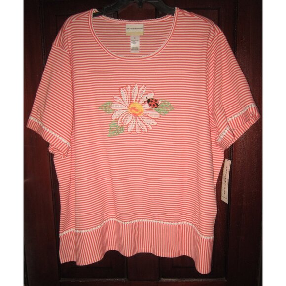 Alfred Dunner Woman New 3X Knit Top T-Shirt Striped Floral Ladybug Embroidered - Picture 1 of 3